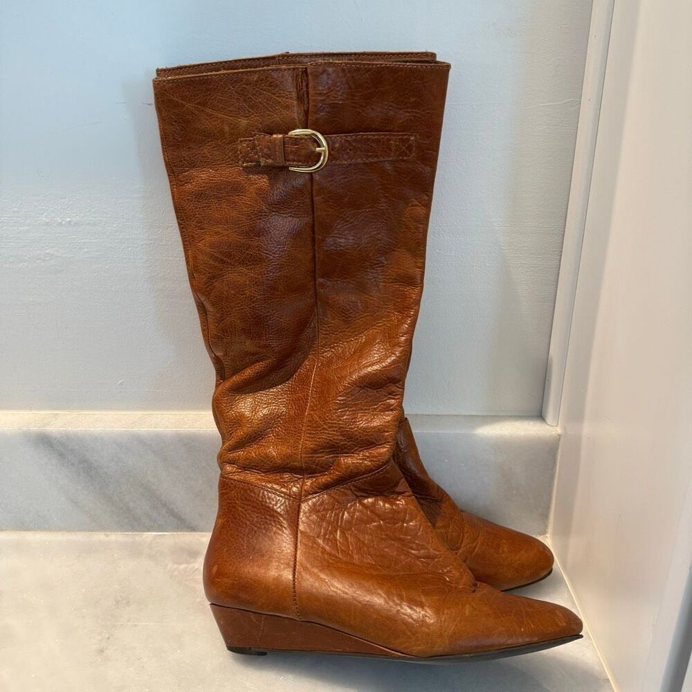 STEVEN by Steve Madden Leather Intyce Low Wedge Riding Boots Tan Size 7M